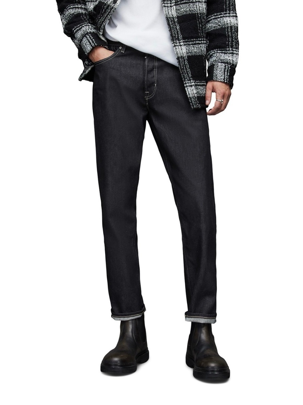 AllSaints Jack Selvedge Cropped Tapered Jeans — Raw Indigo, W30